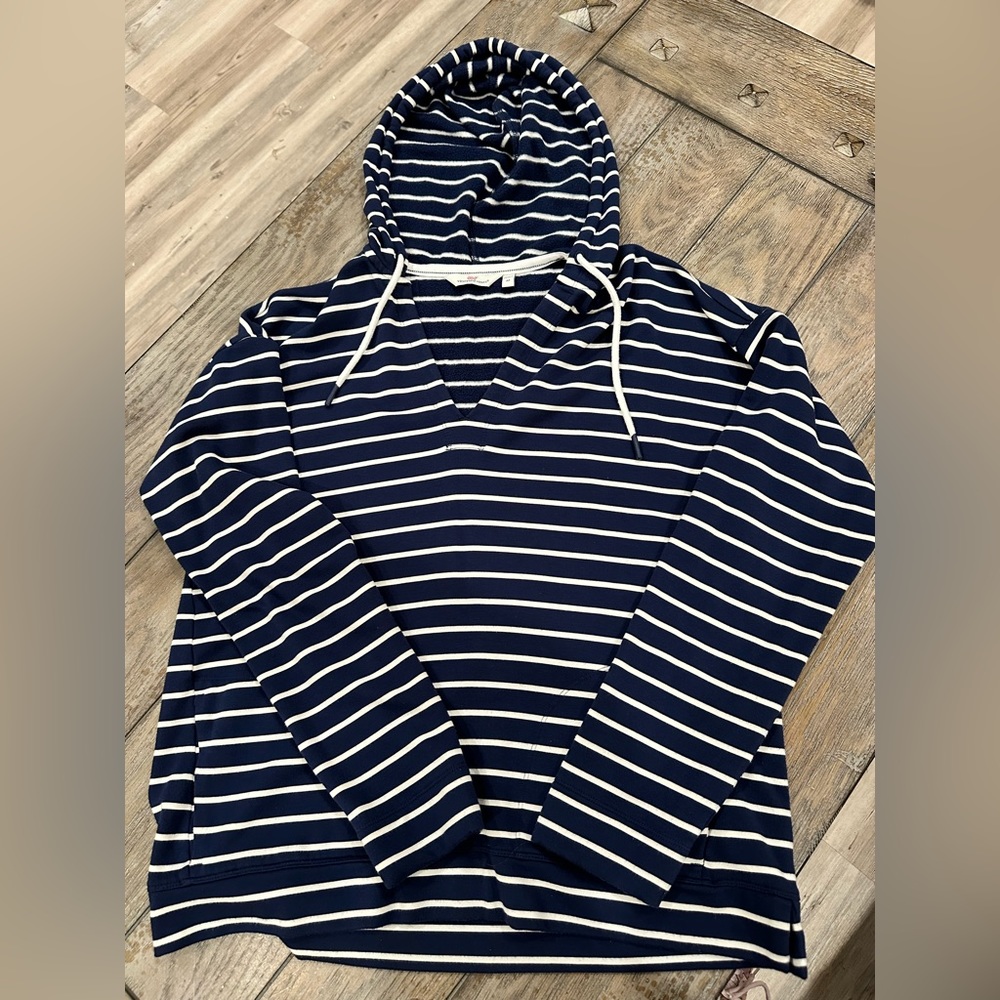 Navy and white striped hoodie.